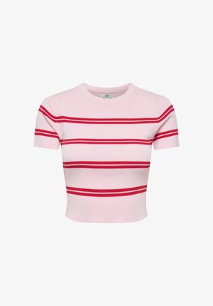 Top corto de punto acanalado rosa con rayas rojas horizontales, mangas cortas y cuello redondo. Ideal para uso casual.