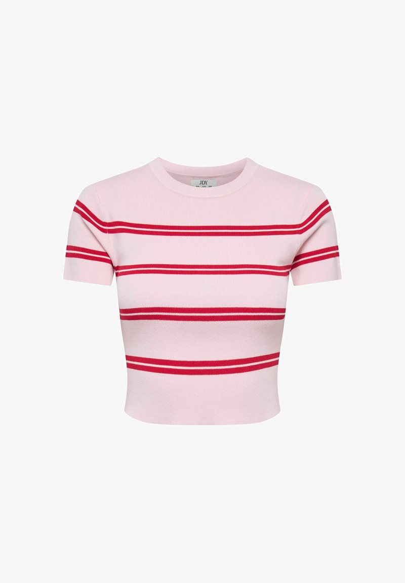 Haut court en maille côtelée rose avec des rayures rouges horizontales, des manches courtes et un col rond. Idéal pour une tenue décontractée.