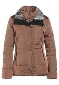 Chaqueta acolchada marrón con cuello de piel sintética y detalles en tela negra. Cuenta con bolsillos laterales con cremallera y textura acolchada en el cuerpo.