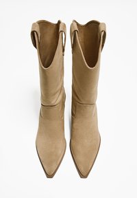 Botas de tobillo de ante en tono marrón con punta afilada, laterales con cortes y textura suave. Suelas planas y un diseño simple sin adornos.