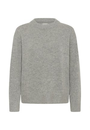 Lichtgrijze gebreide trui met een hoge hals, lange mouwen en geribbelde manchetten. Zachte textuur, relaxte pasvorm en minimale ontwerpelementen.