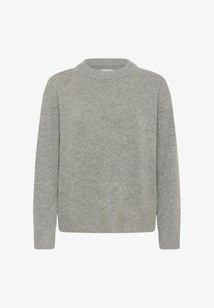 Vaaleanharmaa neulepusero, jossa on korkea kaulus, pitkät hiat ja ribbauslahkeet. Pehmeä rakenne, rento istuvuus ja minimaalinen muotoilu.