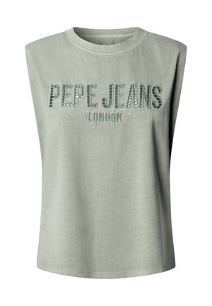 Hooldeta helehall-roheline top, mille rinnale on tikitud suured tähed "PEPE JEANS LONDON".