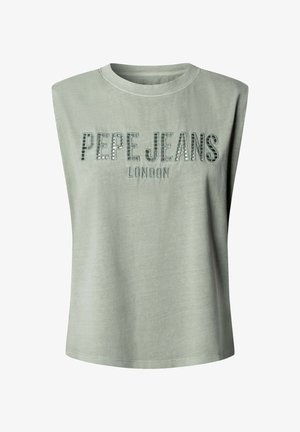 Bezruký svetlošedozelený top s výšivkou "PEPE JEANS LONDON" vo veľkých písmenách naprieč hrudníkom.