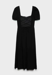 Schwarzes Kleid mit quadratischem Ausschnitt, kurzen Puffärmel und einer Schnürdetail an der Front. Aus leichtem Stoff gefertigt, mit einem fließenden Design.