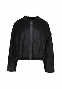 Giacca cropped nera in morbido suede sintetico, con zip frontale, scollatura rotonda e bordi grezzi. Foderata con un interno morbido e accogliente.