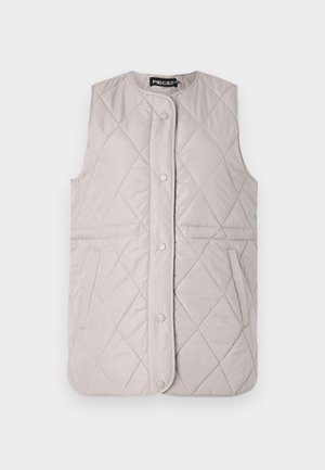 Chaleco acolchado gris claro con escote redondo, botones a presión y bolsillos laterales; presenta costuras en forma de rombo en toda su superficie.