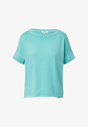 Lichtblauw kort mouwtop met een relaxed pasvorm, ronde halslijn en een zijknoopdetail. Gemaakt van zachte, gestructureerde stof.