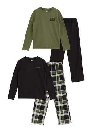 Two sets of long-sleeve pajamas: one with olive green top and black pants, one with black top and green, white, black plaid pants.