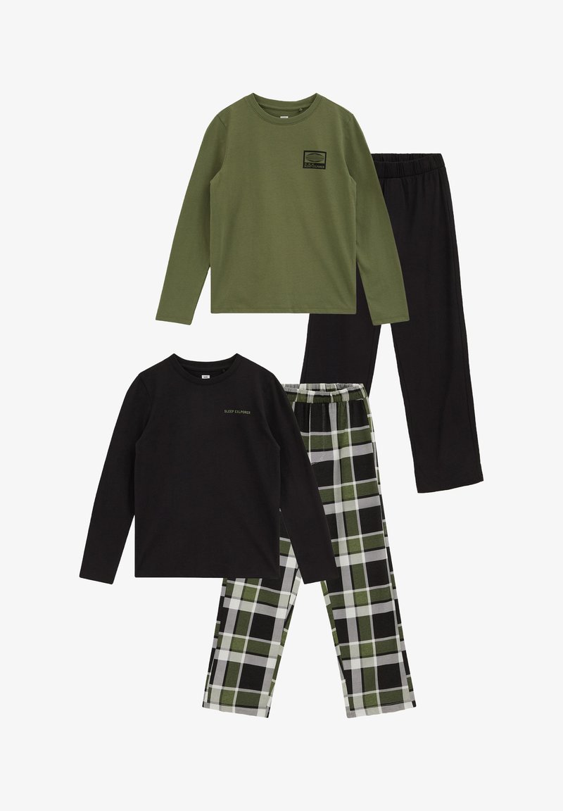 Deux ensembles de pyjamas à manches longues : un avec un haut vert olive et un pantalon noir, un avec un haut noir et un pantalon à carreaux verts, blancs et noirs.