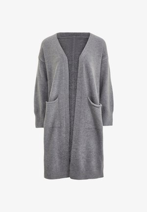 Cardigan gri deschis dintr-un material moale, cu decolteu în V, deschis în față și două buzunare la depană. Mâneci lungi, ușor bufante.