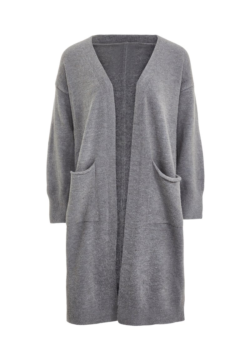 Cardigan grigio chiaro realizzato in tessuto morbido, con scollo a V, apertura frontale e due tasche anteriori. Maniche lunghe, leggermente a sbuffo.