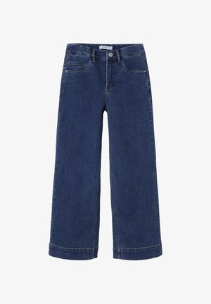 Jean jean bleu foncé à jambes larges avec poches avant, fermeture par boutons et passants de ceinture, présenté à plat sur fond blanc.