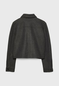Dark grey cropped jacket featuring a smooth texture, notched collar, buttoned cuffs, and clean stitching on the back. No visible fastenings.