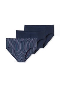 Drei Paar Unterwäsche: ein dunkelblaues mit einem vertikalen Streifenmuster in Blau und Rot, zwei einfarbig dunkelblau, mit mittelhohem Schnitt, aus weichem Baumwollmaterial.