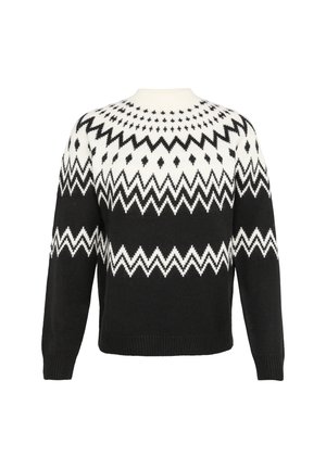 Czarny i biały sweter w wzory, z okrągłym dekoltem, długimi rękawami oraz geometrycznym wzorem z zygzakami i diamentami.