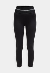 Leggings atletici neri a vita alta con una fascia larga in vita caratterizzata da una striscia grigia e dal logo bianco di Calvin Klein.