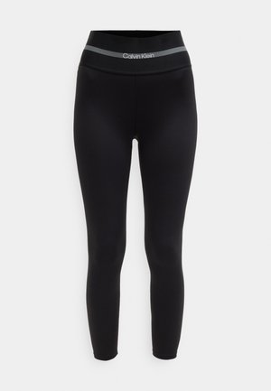 Zwarte sportlegging met hoge taille en een brede tailleband met een grijze streep en het witte Calvin Klein-logo.