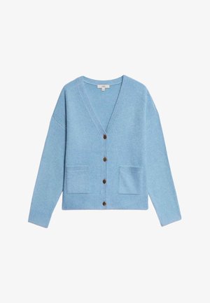 Lichtblauwe cardigan van zachte stof, met een V-hals, lange mouwen, zakken aan de voorkant en bruine knopen op een centrale plooi.