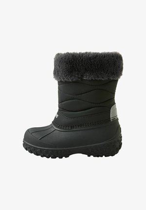 Schwarzer wasserdichter Winterstiefel mit einer strukturierten Gummisohle, gestepptem Stoff und einem weichen, grauen Kunstpelzbesatz am oberen Rand.