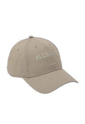 Beige cotton baseball cap with a curved brim, embroidered "ALLSAINTS" logo and "LONDON" detail. Six panels with eyelets for ventilation.