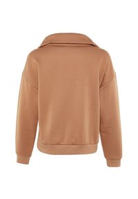 Sudadera larga de manga larga en marrón claro, con hombros caídos, cuello ancho, y puños y dobladillo acanalados, vista desde la parte de atrás.
