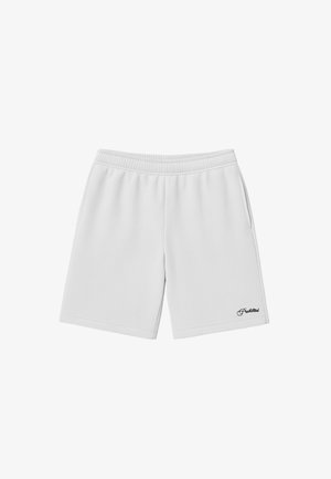 Pantaloni scurți albi din material tip prosop cu talie elastică și buzunare laterale, având un mic text negru "Interzis" pe piciorul inferior stâng.