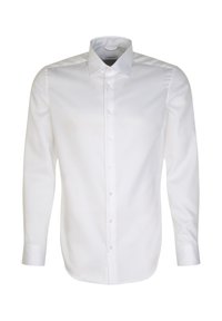 Camicia bianca a maniche lunghe realizzata in tessuto liscio, con chiusura a bottoni sul fronte, colletto classico e orlo dritto. Nessun motivo o accento.