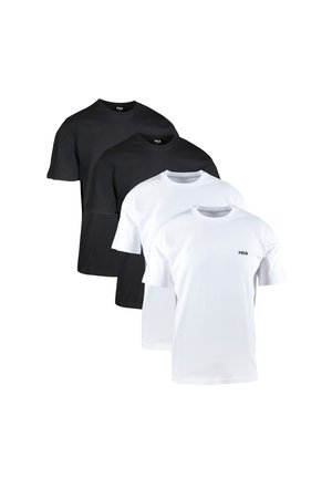 To sorte og to hvide FILA t-shirts med korte ærmer og rund hals, stablet diagonalt med de hvide t-shirts foran.