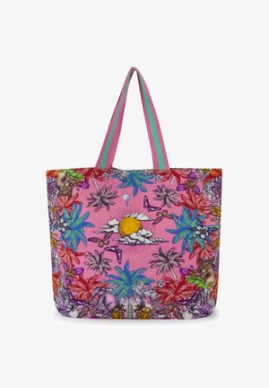 Stoffen tas met een levendige roze achtergrond. Bevat kleurrijke tropische patronen, een zongraphic en gestreepte handvatten in roze en groen.