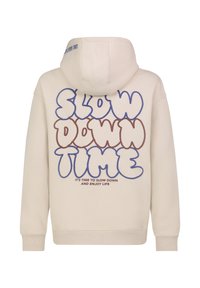 Lichtbeige hoodie met een grote, kleurrijke "SLOW DOWN TIME" grafiek op de achterkant. Voorzien van een capuchon met aantrekkoord en geribbelde manchetten.