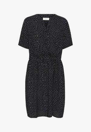 Must mustriga kleit lühikeste varrukatega, nupuga esiküljel, valgete täppidega, elastse vöökoht ning sidumisdetailiga. Pehme, kerge kangasteksti kurjaga.