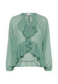 Green, lightweight blouse with a ruffled front design, long sleeves, and a tie neckline. Fabric has a flowing texture and sheer appearance.