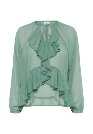 Blusa verde leggera con un design frontale a ruches, maniche lunghe e un colletto con lacci. Il tessuto ha una texture fluida e un aspetto semitrasparente.