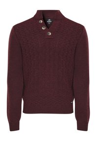 Maglione a maglia color bordeaux con un motivo testurizzato, colletto corto e chiusura a due bottoni. Presenta maniche lunghe e orlo a coste.