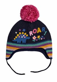 Pletená námořnická čepice s růžovým bambulí, vícebarevným pruhovaným páskem, s modrým dinosaurem a květinovými akcenty, se textem "ROAR!".