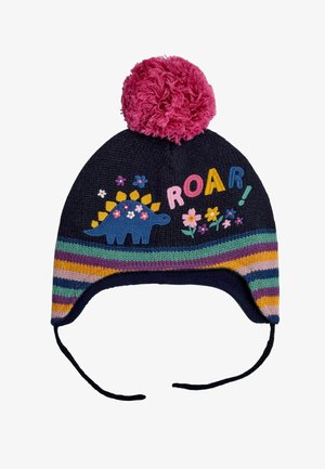 Kootud tumesinine müts roosa pom-pomiga, mitmevärvilise triibulise äärega, sinise dinosaurusega ja lilledega aktsentidega, millel on tekst "ROAR!".