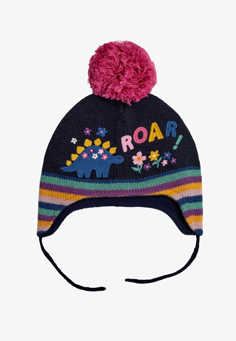 Kötött sötétkék sapka rózsaszín pom-pommal, sokszínű csíkos sávval, amelyen kék dinoszaurusz és virágos díszítések találhatók, "ROAR!" felirattal.