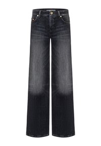 Weit geschnittene Jeans aus ausgewaschenem schwarzem Denim. Verfügt über eine hohe Taille, ein Fünf-Taschen-Design und goldfarbene Metallakzente. Glatte Textur und lockere Passform.