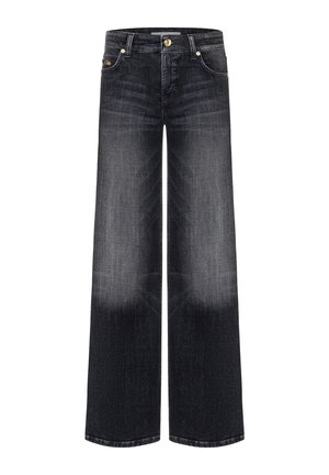 Weit geschnittene Jeans aus ausgewaschenem schwarzem Denim. Verfügt über eine hohe Taille, ein Fünf-Taschen-Design und goldfarbene Metallakzente. Glatte Textur und lockere Passform.