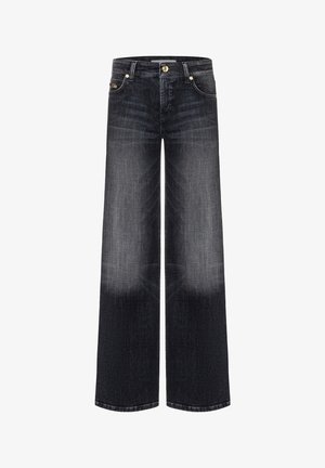 Jean à jambes larges en denim noir délavé. Caractérisé par une taille haute, un design à cinq poches et des accents de quincaillerie dorée. Texture lisse et coupe ample.
