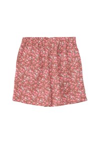 Shorts fleuris avec une taille élastique, fabriqués en tissu doux. Le motif présente de petites fleurs roses et blanches sur un fond rose poussiéreux.