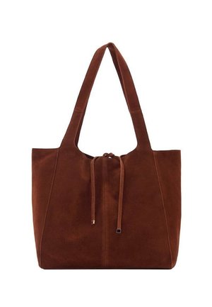 Braune Wildleder-Shopper mit breiten Trägern und vorderer Kordelzugverschluß, mit einfachem, ungeformtem Design.
