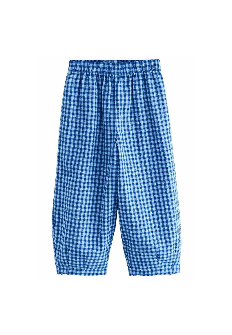 Pantalons à carreaux vichy bleus avec une taille élastique, jambes larges et en tissu coton léger. Présente une texture lisse et une coupe décontractée.