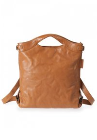 Bruine leren tas met een gestructureerd oppervlak, handvat aan de bovenkant, verstelbare schouderriem en een minimalistisch ontwerp. Heeft een slanke, rechthoekige vorm.