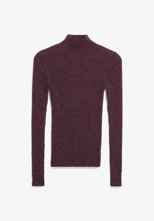 Maglione a collo alto a costine in un profondo bordeaux con pois. Maniche lunghe, forma aderente, con un sottile dettaglio del logo sulla parte anteriore.