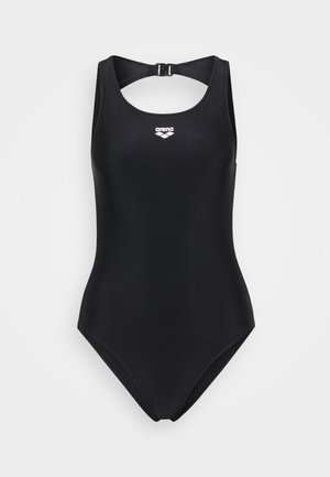 Costume intero nero realizzato in tessuto liscio, con scollo arrotondato, schiena a racer e un logo prominente sul petto.