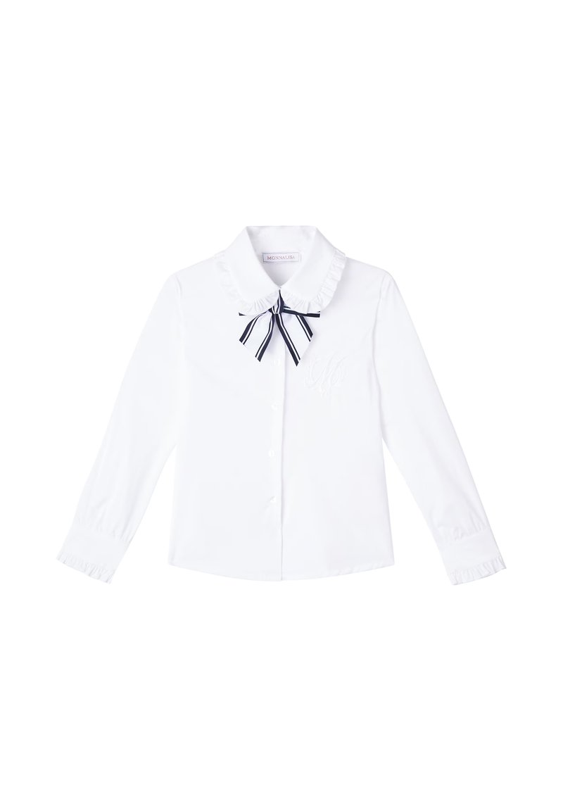 Blusa bianca a maniche lunghe con colletto arricciato, apertura frontale con bottoni e dettaglio della cravatta a righe blu. Presenta un ricamo delicato sul petto.