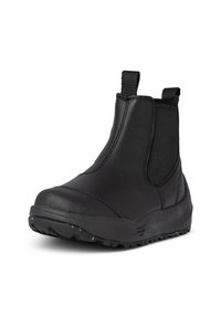 Botín negro de tobillo hecho de cuero suave con lados elásticos, que presenta una suela de goma texturizada y lengüetas para facilitar el calce.