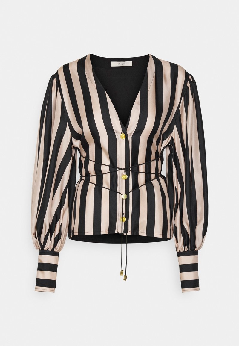 Gestreifte Bluse aus schwarzem und beigem Satin mit einem tiefen V-Ausschnitt, Puffärmeln, Kordelzug in der Taille und dekorativen gelben Knöpfen.